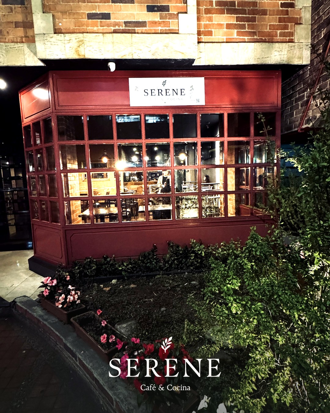 Fachada de SERENE en la noche